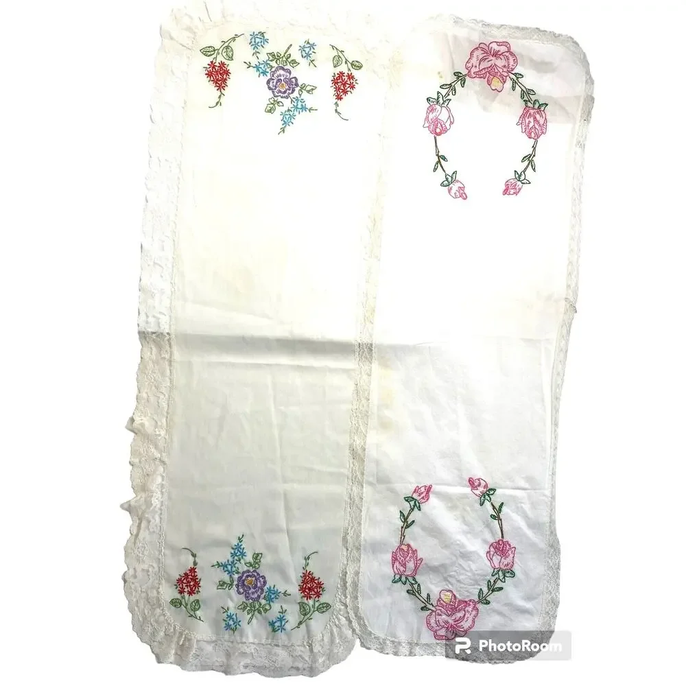 Vtg Hand Embroidered Table Runner Dresser Scarves 12